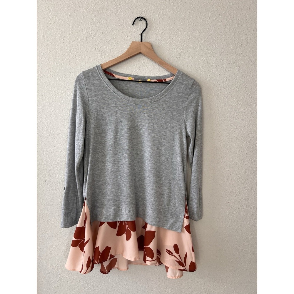 Anthropologie Little Yellow Button Gray Sweatshirt Tunic Floral Preppy Top Sz S